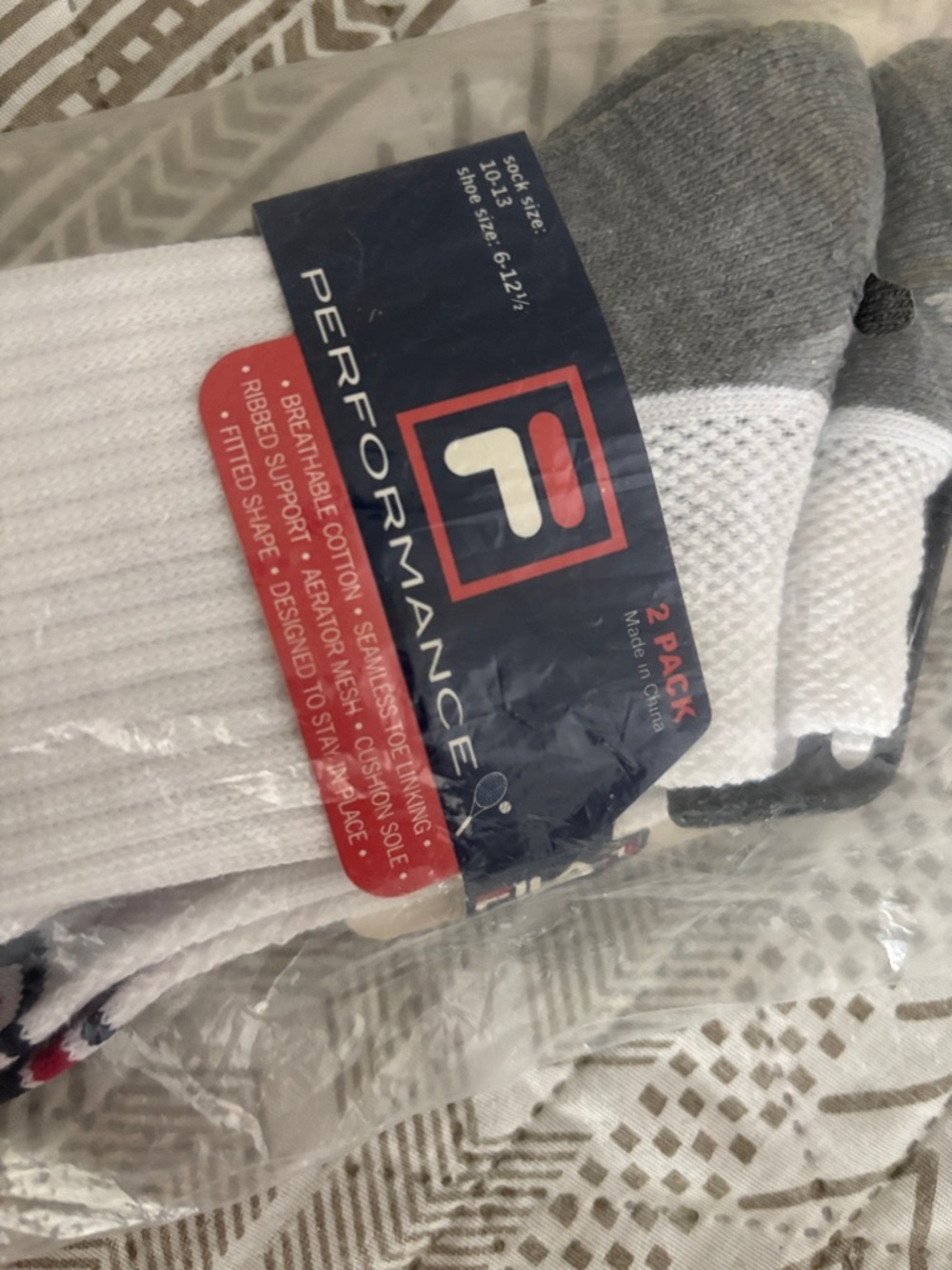 FILA Men’s Athletic Crew Socks in White, Gray & Red - 2-Pack OG DROP - Picture 2 of 3